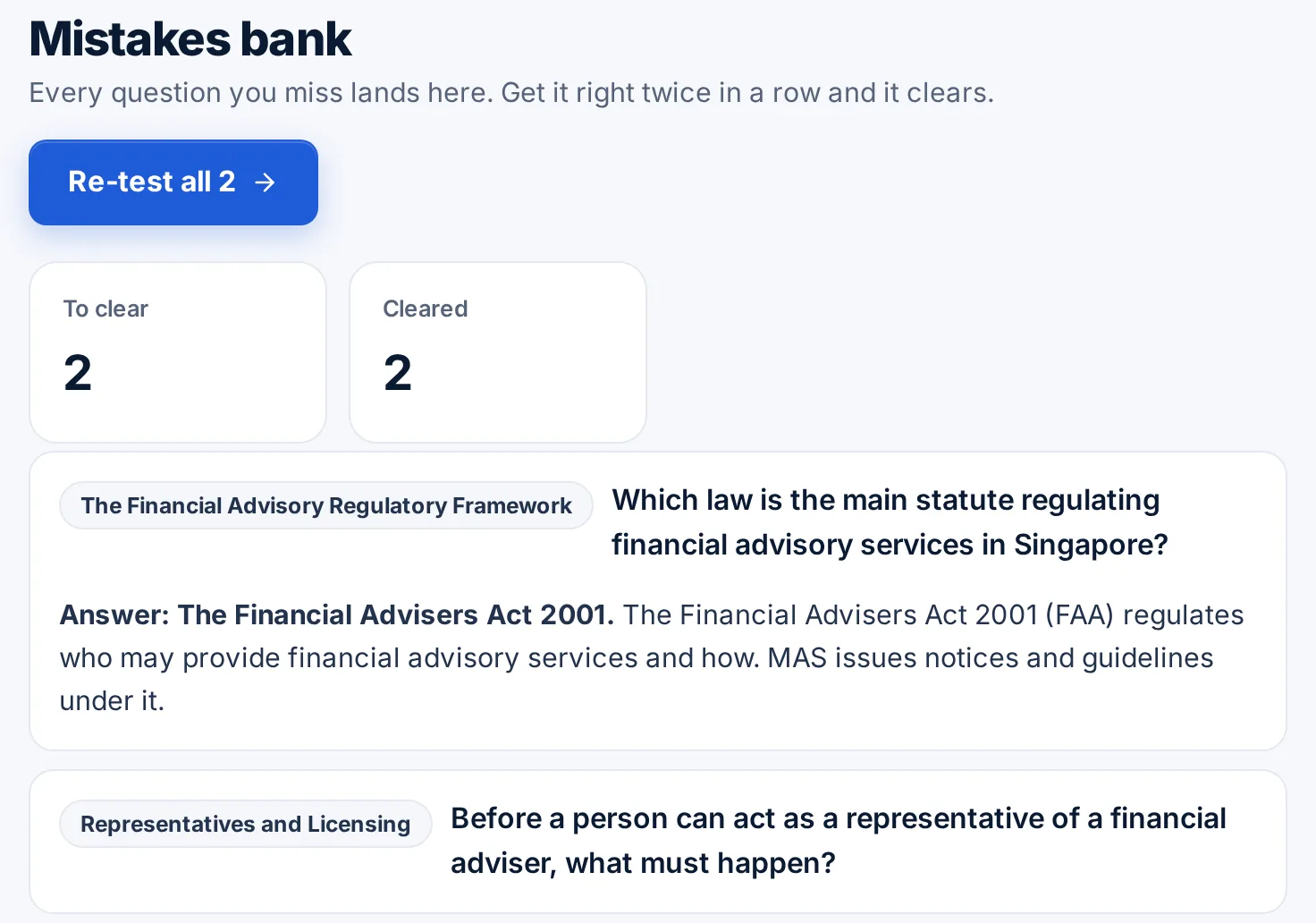 Mistakes bank with missed CMFAS questions to clear, one expanded to show the answer and explanation