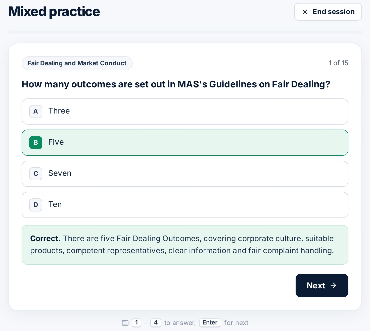 A RES5 practice question answered correctly, with an explanation